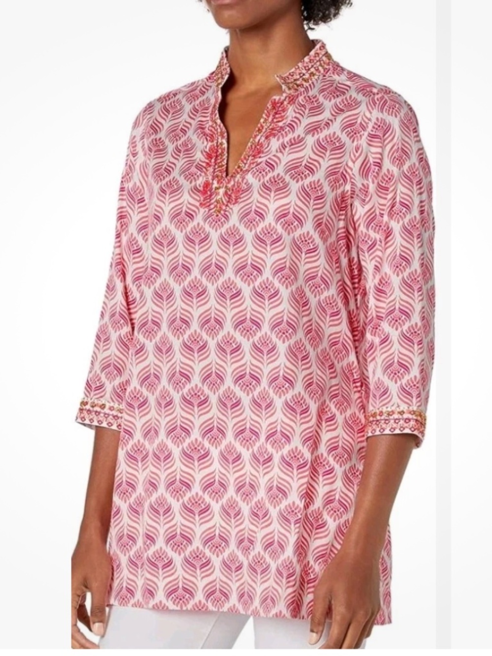 Foxcroft Popover Wrinkle-Free Stretch Tunic Top 24W Beaded Embroidered Coastal